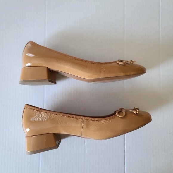 Anthropologie Bibi Lou Heeled Ballet Pumps Patent Leather Shoes Bow EU 39 Camel - Picture 5 of 9